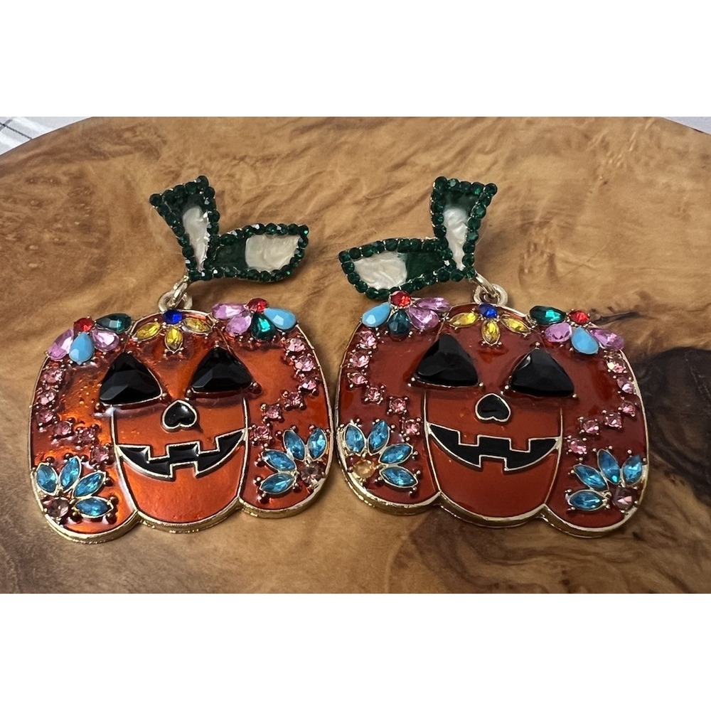 Halloween Rhinestone Pumpkin‎ Dangle Statement Earrings  Jack O Lantern